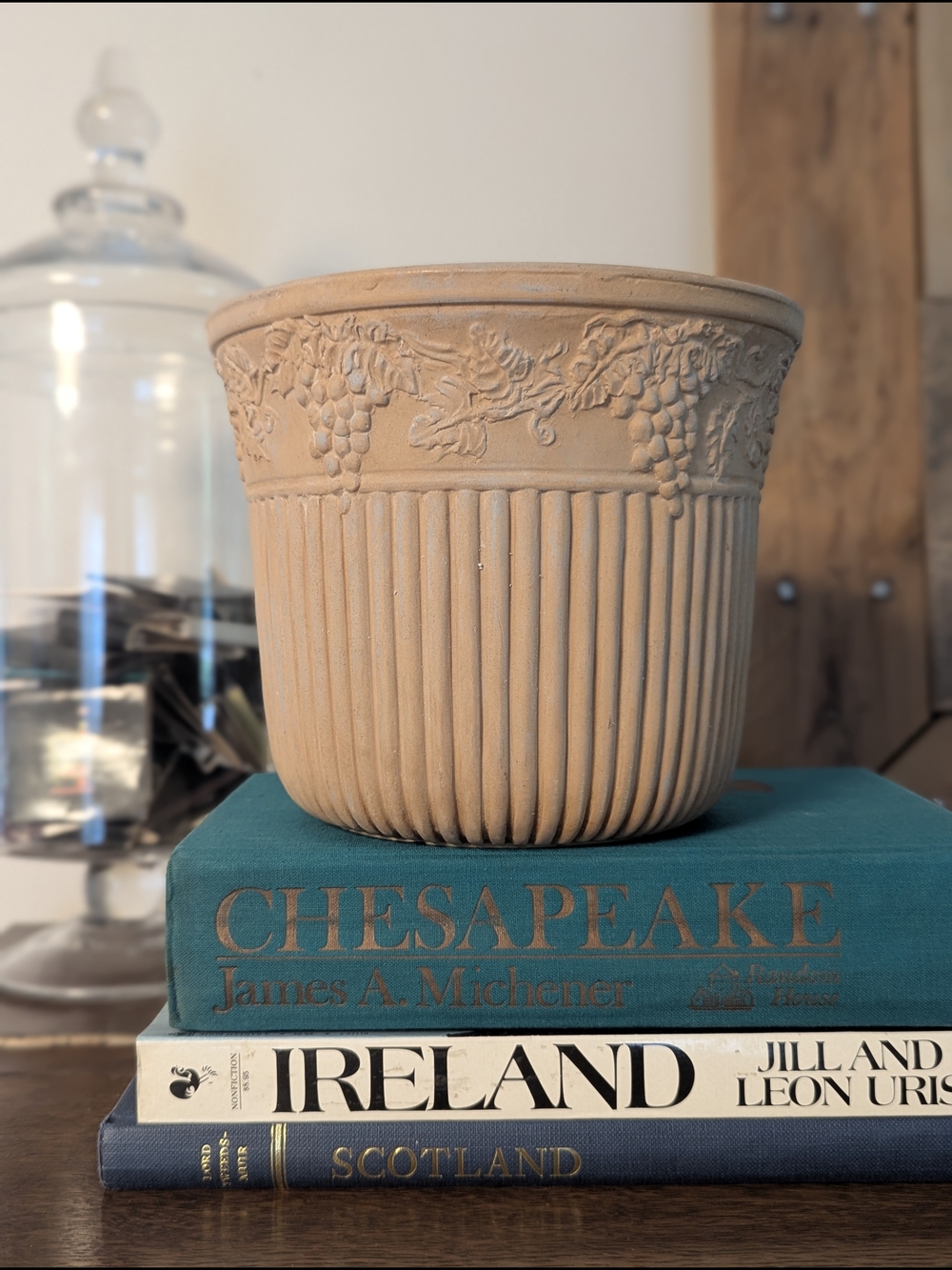 Italian Terracotta Planter Relief Grape Vine Ribbed Glazed Interior 6” Vintage